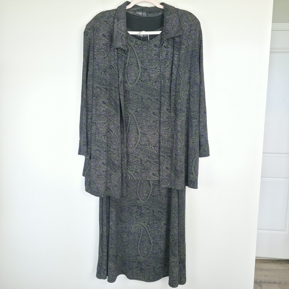 Vtg VIKKI VI Black Purpl Paisley  Slinky Knit Open Front Jacket 3pcs Set 2X.A115